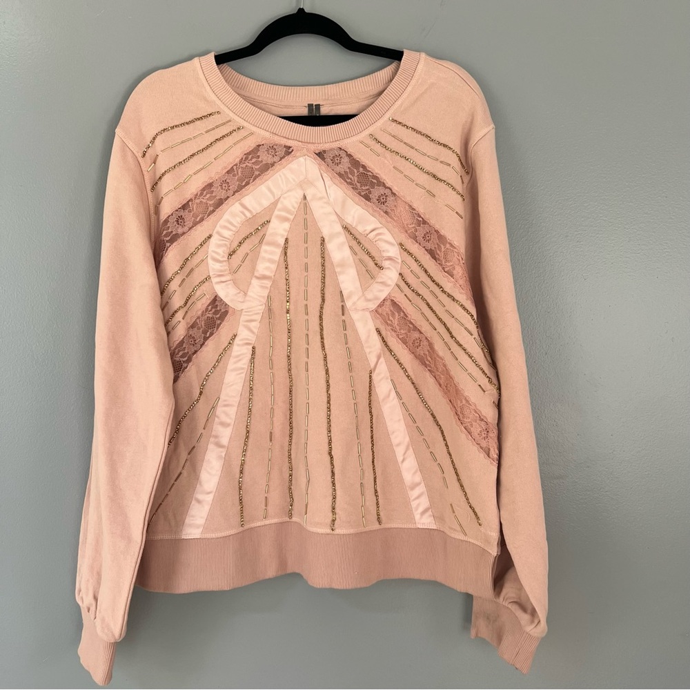 Anthropologie Beaded Bow Dusty Blush Sweater - Picture 3 of 7